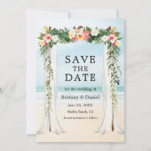 Hochzeitstrandkanopie Wasserfarbe tropische Flora Save The Date (Vorderseite)