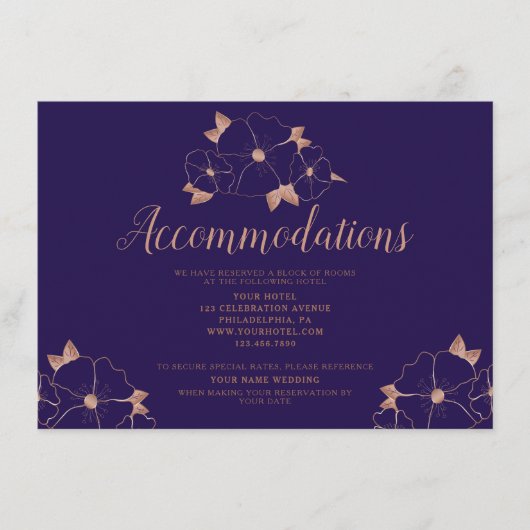 Hochzeitsunterkunft mit Kupfer und Blumen Begleitkarte (Vorderseite)