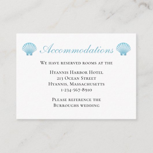 Hochzeitsunterkünfte Blue Nautical Muscheln Beach Begleitkarte (Vorderseite)