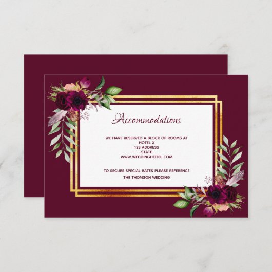 Hochzeitsunterkünfte blumenburgundy boho begleitkarte (Vorne/Hinten)