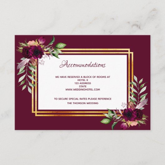 Hochzeitsunterkünfte blumenburgundy boho begleitkarte (Vorderseite)