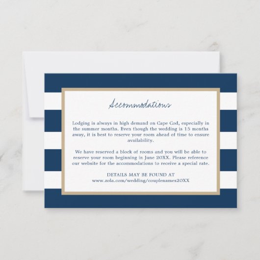 Hochzeitsunterkünfte für Navy Blue Stripes Gold Tr Save The Date (Vorderseite)