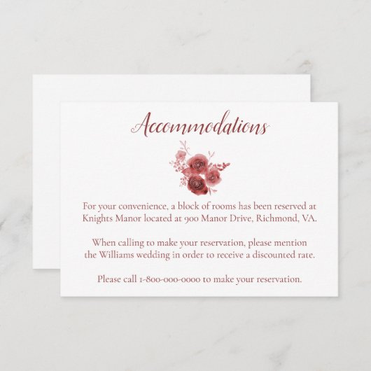 Hochzeitsunterkünfte in Burgund Wasserfarben Begleitkarte (Vorne/Hinten)