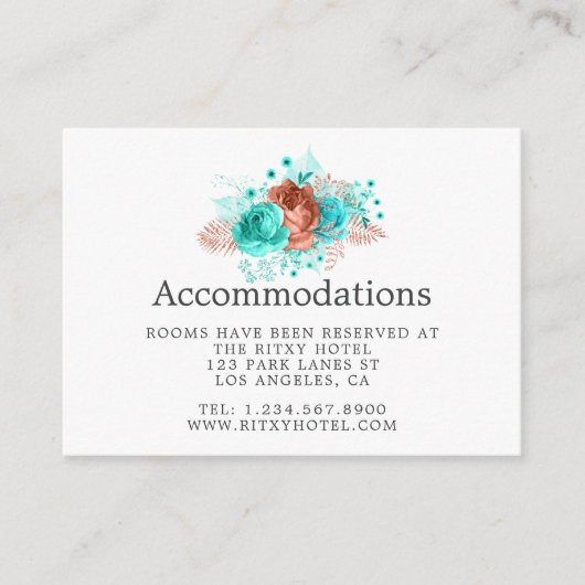 Hochzeitsunterkünfte in Türkis und Korallenflora Begleitkarte (Vorderseite)