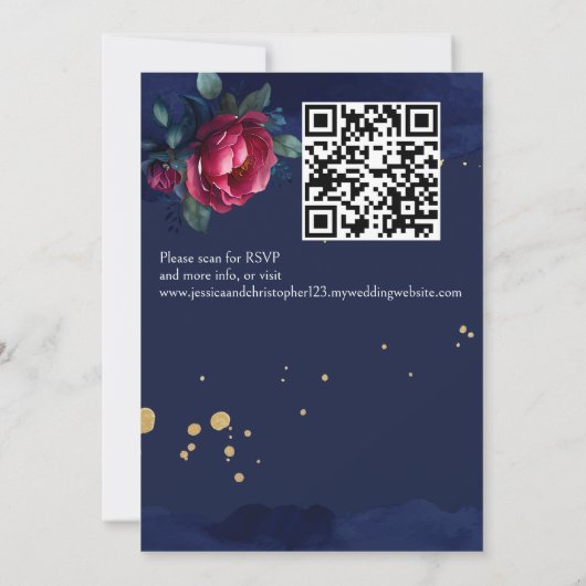 Hochzeitsvorlage für blaubordeauxrosa Rosen Einladung (Rückseite)