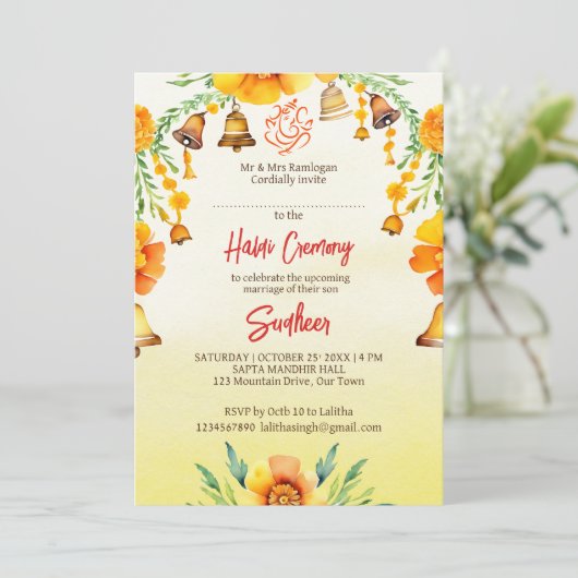 Hochzeitsvorlage für Haldi und Glocken Einladung (Stehend Vorderseite)