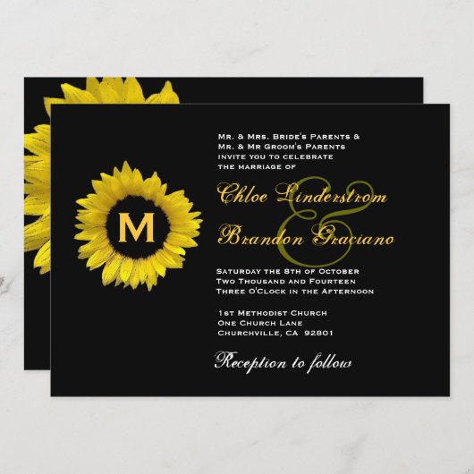 Hochzeitsvorlage für hellgelbe und schwarze Sonnen Einladung (Vorne/Hinten)