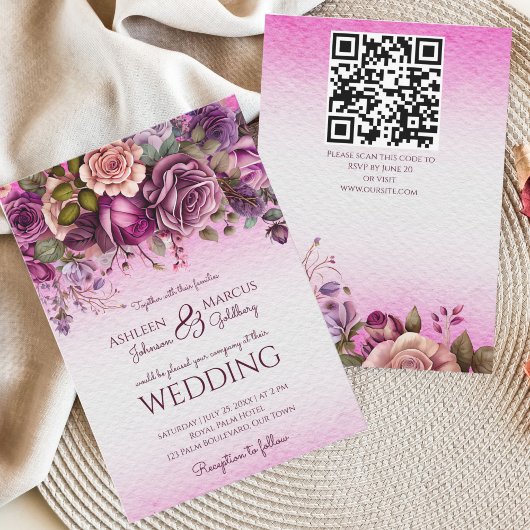 Hochzeitsvorlage für lila-rosa Pflaume-Rose Einladung