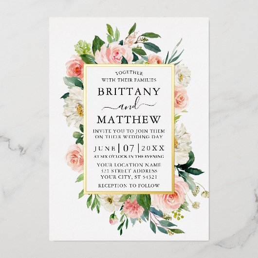 Hochzeitswasser Farbe Rosa Weiße Blütengolden Folieneinladung (Vorderseite)