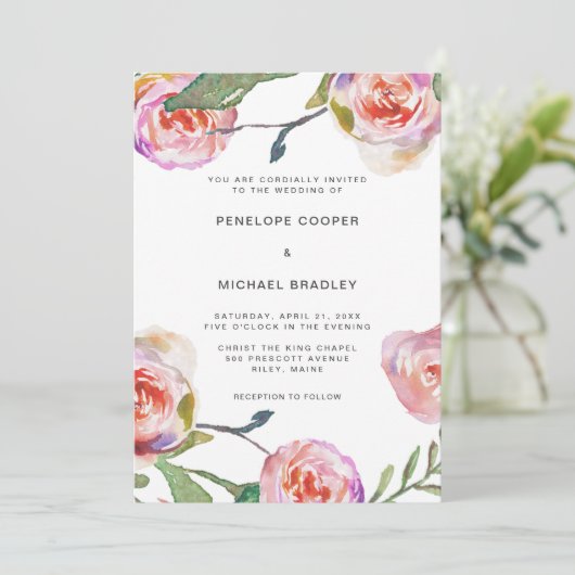 Hochzeitswasser mit Aquarellblumen und Doten Einladung