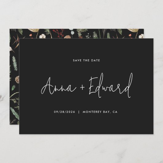 Hochzeitswasserfarbe botanisches Schwarz, modern m Save The Date (Vorne/Hinten)