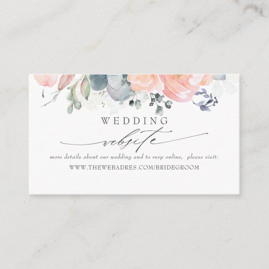 Hochzeitswebsite Dusty Blue and Peach Foliage Visitenkarte (Vorderseite)