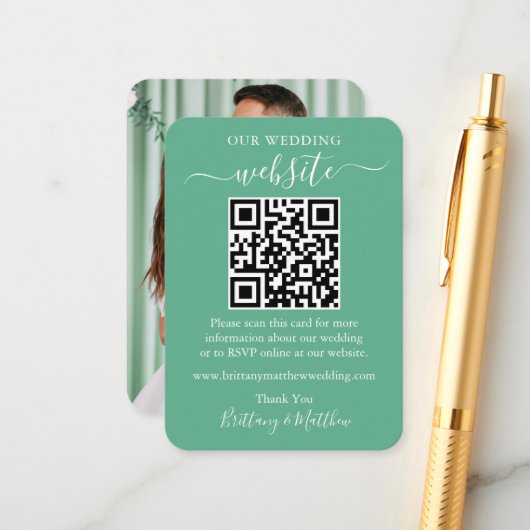 Hochzeitswebsite Foto QR Neo Mint Green Begleitkarte (Vorderseite/Rückseite Beispiel)