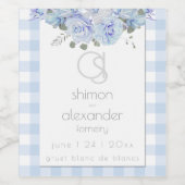 Hochzeitswein | Monogram Blue Gingham Floral Weinetikett (Einzelnes Label)