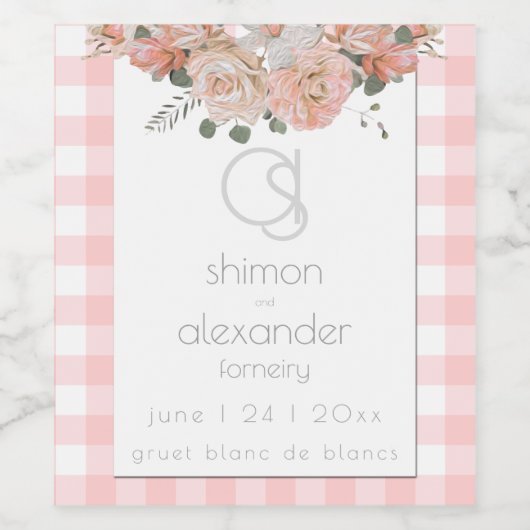 Hochzeitswein | Monogram Coral Gingham Floral Weinetikett (Einzelnes Label)