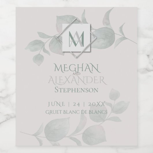 Hochzeitswein | Silver Sage Eukalyptus Monogram Weinetikett (Einzelnes Label)