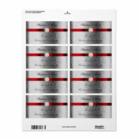 Hochzeitsweinetikett mit rotem Band auf Silber (Vorne)