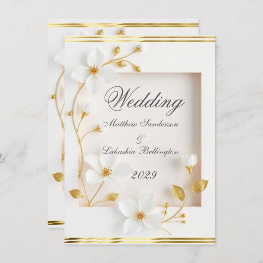 Hochzeitsweiße Blume Gold Schöne Einladung (Vorne/Hinten)