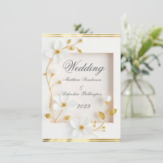 Hochzeitsweiße Blume Gold Schöne Einladung (Stehend Vorderseite)