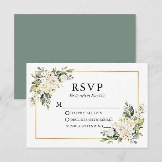 Hochzeitsweiße Flora Gold Sage Green RSVP Karte (Vorne/Hinten)