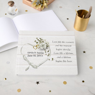 Hochzeitsweiße Rose und Herz mit Band Gästebuch