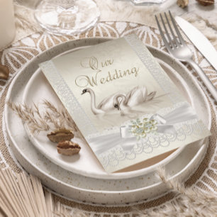 Hochzeitsweiße Schwäne beige Pearl Lace Foto Einladung