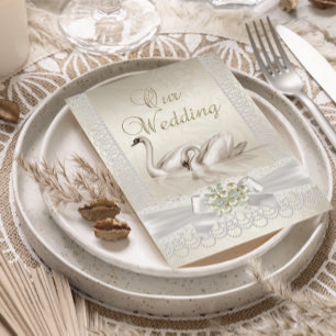 Hochzeitsweiße Schwäne Creme Perlen Spitze Damast Einladung