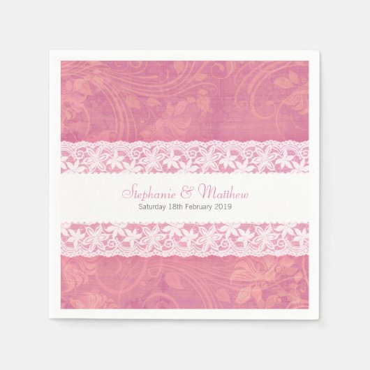 Hochzeitsweiße Spitze auf Lachs-Rosa-Papierserviet Serviette (Vorderseite)