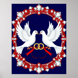 Hochzeitsweiße Tauben mit Jewel Design Poster