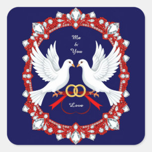 Hochzeitsweiße Tauben mit Juwelendesign Quadratischer Aufkleber