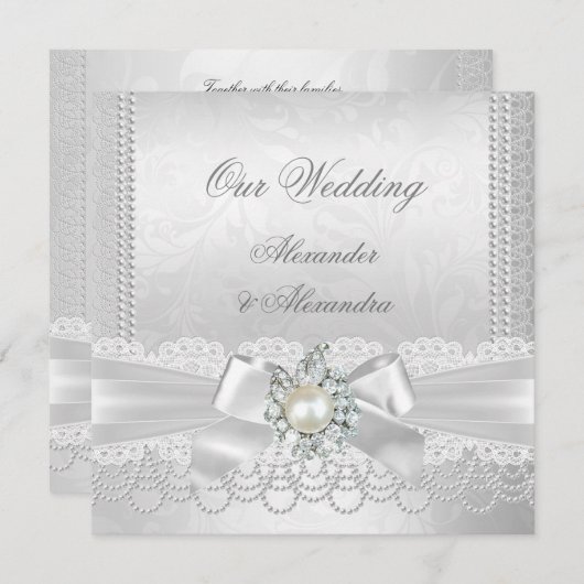Hochzeitsweißpearl Lace Damask Diamond Silver Einladung (Vorne/Hinten)