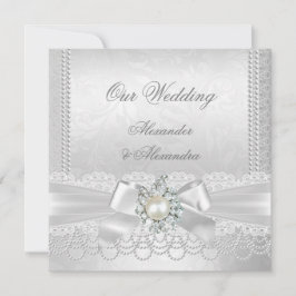 Hochzeitsweißpearl Lace Damask Diamond Silver Einladung