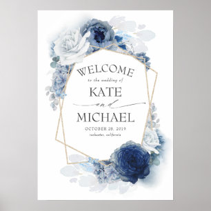 Hochzeitswillkommen in Navy und Dusty Blue Floral Poster