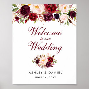 Hochzeitswillkommene Aquarellblume Burgund Poster