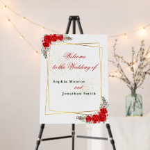 HochzeitsWillkommenskarte mit rotem Blumengold