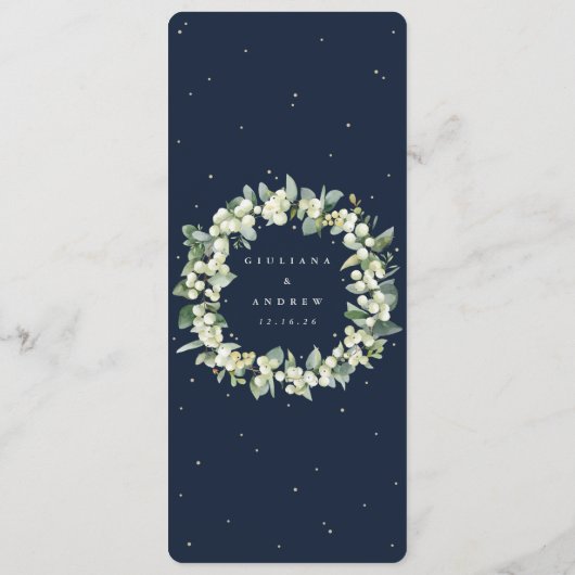 Hochzeitswoche für die Marine Snowberry+Eukalyptus Menükarte (Rückseite)