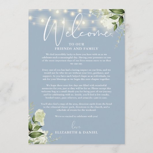 Hochzeitswochenende-Itinerary Dusty Blue Floral Programm (Vorderseite)