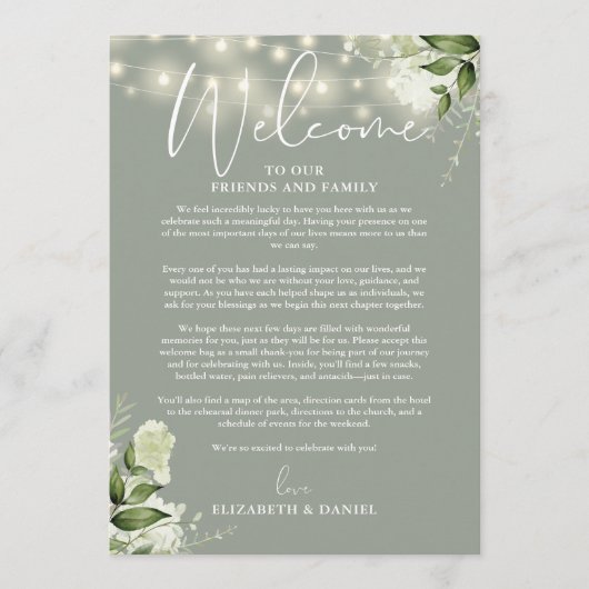 Hochzeitswochenende-Itinerary Sage Grün Floral Programm (Vorderseite)