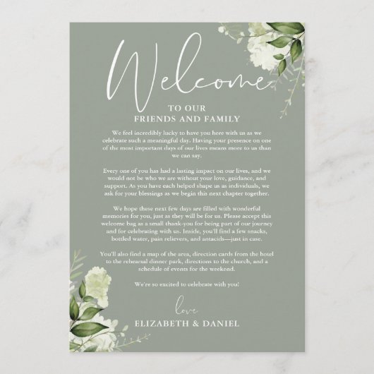 Hochzeitswochenende-Itinerary Sage Grün Floral Programm (Vorderseite)