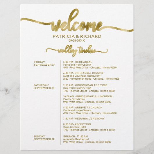 Hochzeitswochenende-Itinerary Simple Chic Zeitplan (Vorderseite)