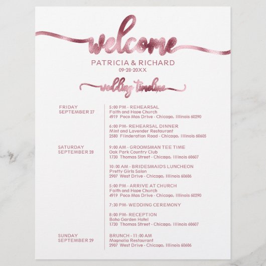 Hochzeitswochenende-Itinerary Simple Chic Zeitplan (Vorderseite)