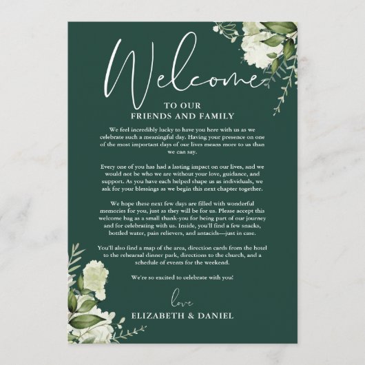Hochzeitswochenende-Itinerary Smaragdgrün Floral Programm (Vorderseite)
