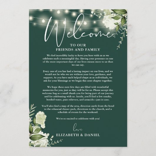 Hochzeitswochenende-Itinerary Smaragdgrün Floral Programm (Vorderseite)