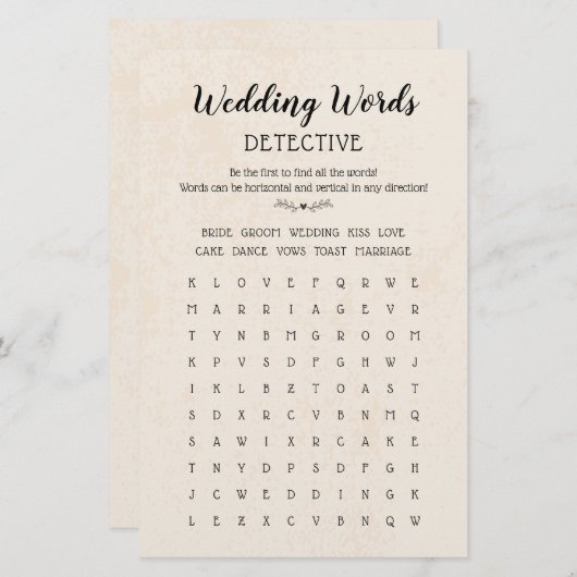 Hochzeitsworte Suche Table Game Calligraphy Rustik (Vorne/Hinten)