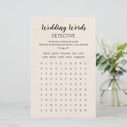 Hochzeitsworte Suche Table Game Calligraphy Rustik (Stehend Vorderseite)