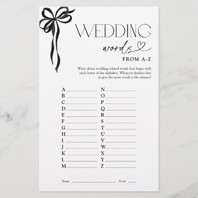 Hochzeitsworte von A-Z Black Bow Shower Game (Vorderseite)