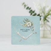 Hochzeitszange und Ringe mit Rosenbukett Einladung (Stehend Vorderseite)