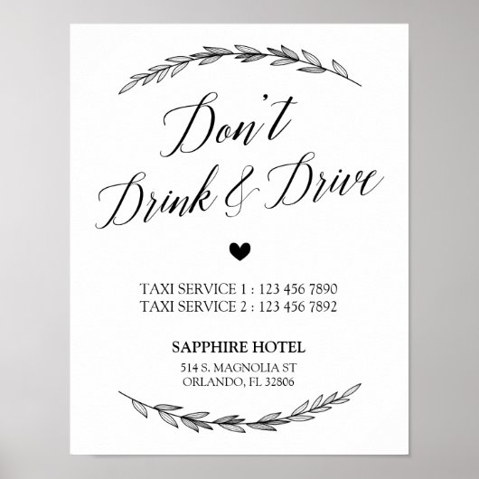 Hochzeitszeichen - Don't’ Drink & Drive Laurel Zei Poster (Vorne)