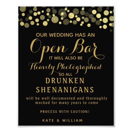 Hochzeitszeichen "Gold & Black Open Bar" Fotodruck (Vorne)