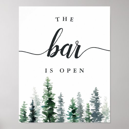 Hochzeitszeichen "The Bar is Open" in Holzhütte Poster (Vorne)